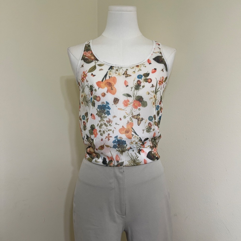Princess Vera Wang Floral Butterfly Tank Top Lace Up Back White Small
